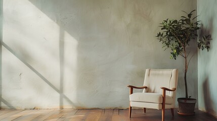 Minimalist interior with armchair and indoor plant in sunlight
