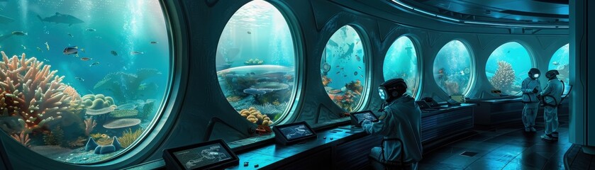 A futuristic underwater research station with scientist