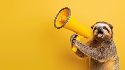 Cute sloth with yellow megaphone on solid background. Colorful illustration of a happy sloth speaking.