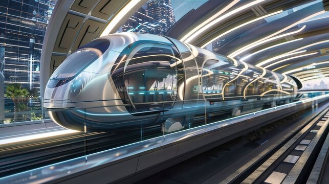A futuristic transportation hub with hyperloop trains
