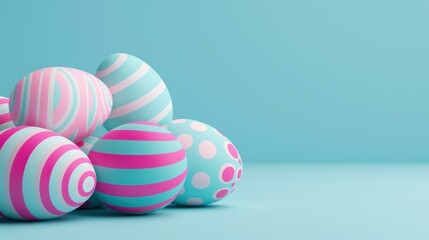 Fototapeta premium Vibrant Easter egg border on pastel blue background. Great for digital art and Easter celebrations.