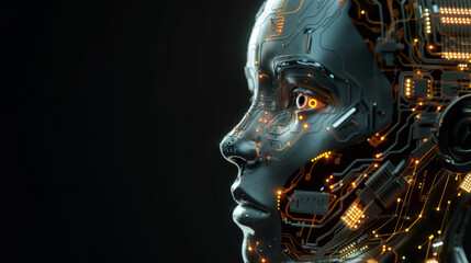 Female AI robot head with detailed face illuminated circuitry and glowing eyes on black background closeup profile off center with copy space