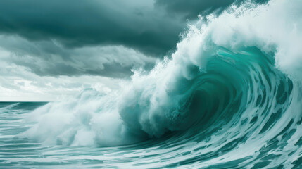 Obraz premium Witness the devastation of a dangerous tsunami hitting a small seaside town with epic giant waves and a dramatic apocalyptic backdrop.