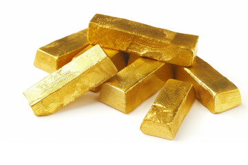 Pile of gold bars arranged neatly, isolated on a clean white background, displaying their gleaming textures and edges