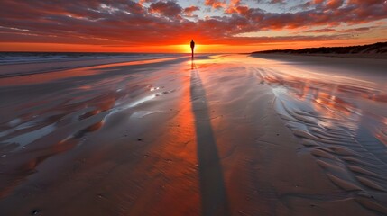 Man's shadow on the beach at sunset