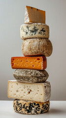 Fototapeta premium different types of cheese close-up view on top of each other from side view on clean background