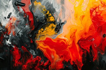 Abstract fluid art with vibrant red yellow and black colors emphasizing movement and creativity in a dynamic composition
