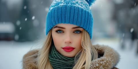 Portrait of a blonde woman wearing a blue beanie and scarf, standing outdoors in a snowy winter setting