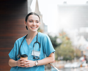 Coffee, happy woman and doctor thinking of break in hospital for healthcare services, career or...