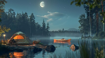  A tranquil camping scene with a kayak on the lake, a tent set up on the shore, and the moon reflecting in the calm water. 

