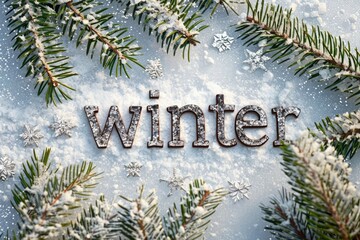 Word Winter on white snow surrounded by fir tree twigs. Christmas and New Year seasonal theme