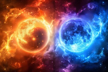 Obraz premium Abstract cosmic art with fiery red and cool blue elements representing the balance between opposing forces in a vibrant composition