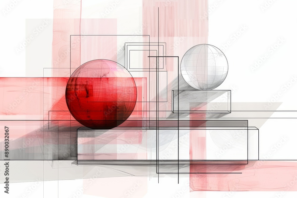 Poster abstract geometric design with red and white shapes on a light background emphasizing modernity and 