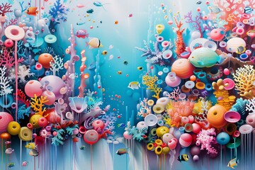 A vibrant painting of an underwater world with futuristic marine life and corals