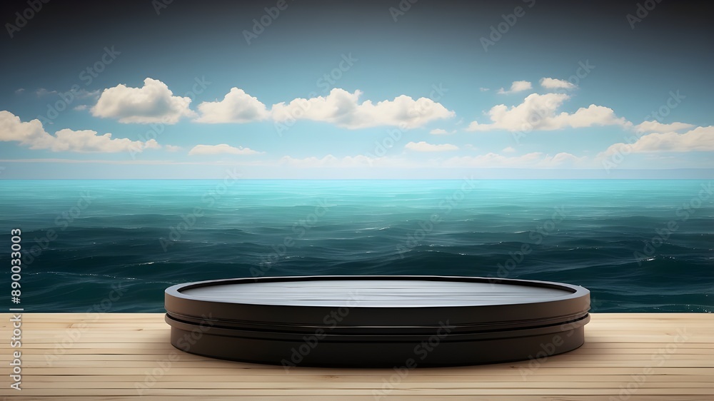 Poster sea background with an empty round black podium or platform for your design