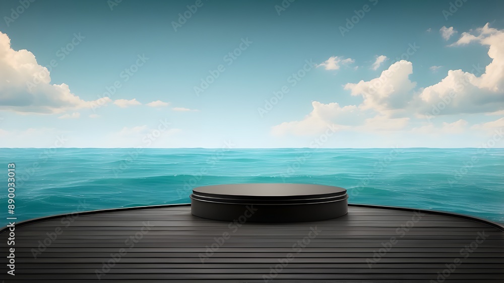 Poster sea background with an empty round black podium or platform for your design