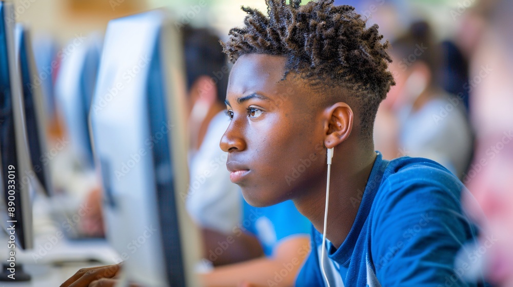 Poster An inclusive training program where students with disabilities are learning coding Stock Photo with copy space