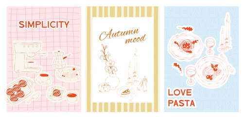 Collection of Slow living Fall posters. Food Poster template. Interior posters set. Editable vector illustration.