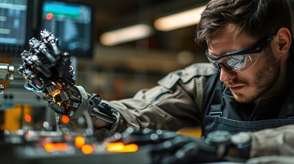 Naklejka premium A technician with a prosthetic arm operating machinery in a high-tech workshop, demonstrating adaptability and skill in their profession Stock Photo with copy space