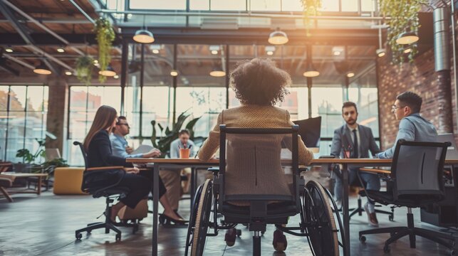 An inclusive workspace featuring an employee with a mobility aid contributing to a team meeting, highlighting equal participation in professional settings Stock Photo with copy space