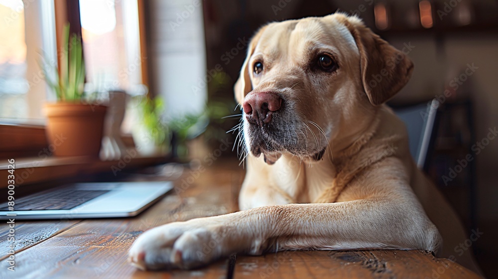 Poster a friendly office environment where an employee with a service dog works at their desk, showcasing a