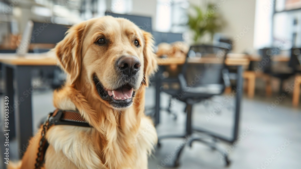 Poster a friendly office environment where an employee with a service dog works at their desk, showcasing a
