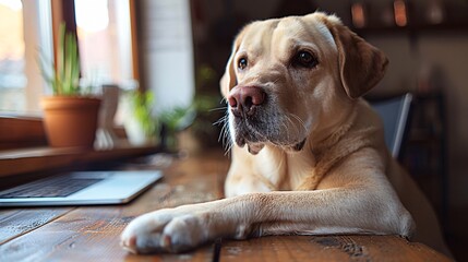 A friendly office environment where an employee with a service dog works at their desk, showcasing accommodations and inclusivity Stock Photo with copy space