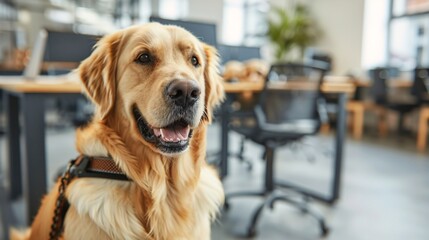 A friendly office environment where an employee with a service dog works at their desk, showcasing accommodations and inclusivity Stock Photo with copy space