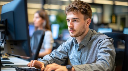 Fototapeta premium A graphic designer with limited hand mobility using specialized equipment to create digital artwork, surrounded by supportive colleagues Stock Photo with copy space