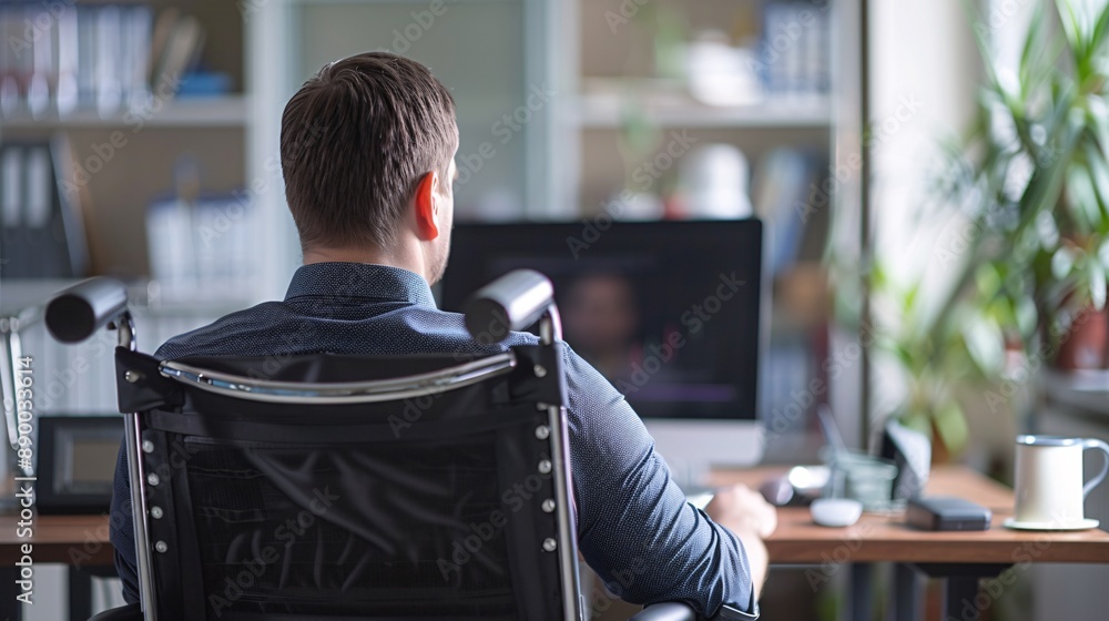 Poster an open office layout featuring an employee with a disability using ergonomic furniture and assistiv
