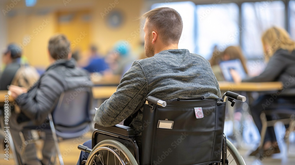 Poster A professional setting where an employee with cerebral palsy is using speech-to-text software during a meeting to contribute effectively Stock Photo with copy space