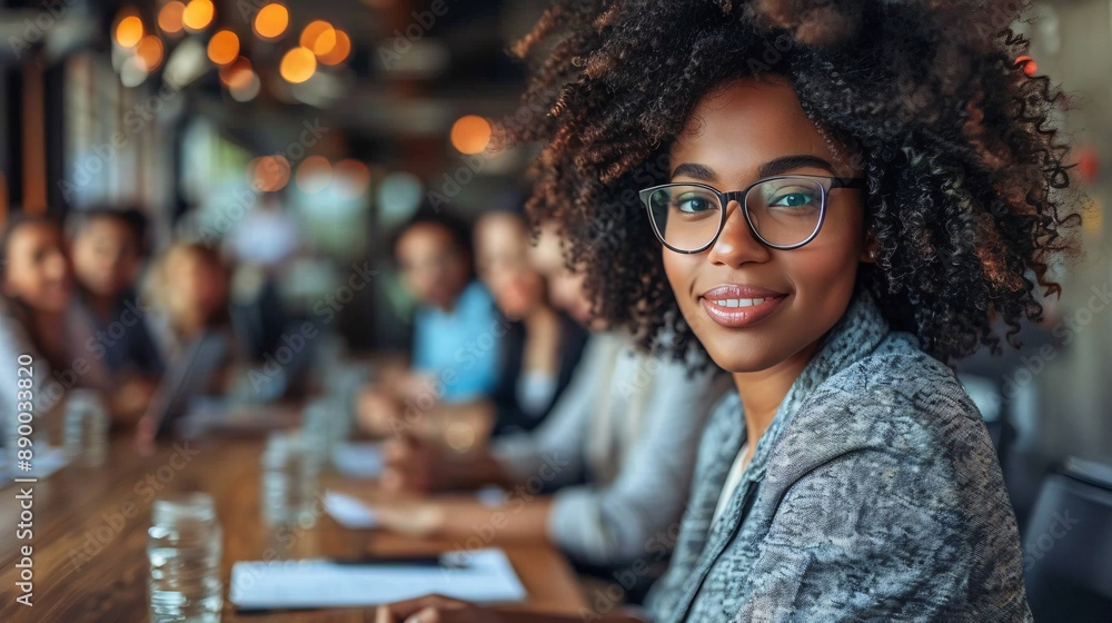 Aufkleber A professional setting where an employee with cerebral palsy is using speech-to-text software during a meeting to contribute effectively Stock Photo with copy space