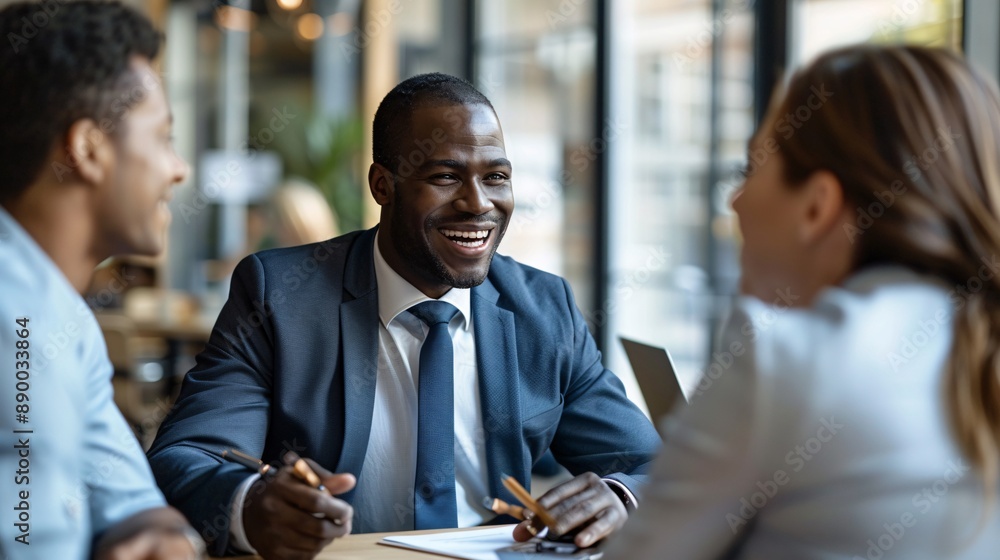 Poster An HR professional with a disability conducting an interview, showcasing inclusive hiring practices and workplace diversity Stock Photo with copy space
