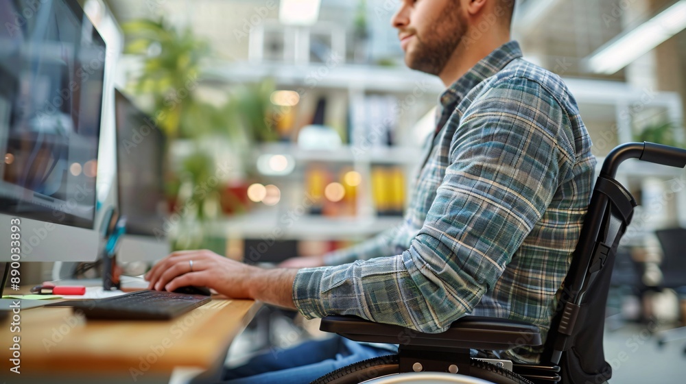 Poster A person with a spinal cord injury using a standing desk and adaptive computer accessories to work comfortably in an office environment Stock Photo with copy space