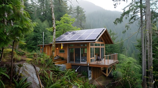 An off-grid cabin in a remote forest with a rooftop covered in solar panels, demonstrating the power of renewable energy with efficient silicon cells, inverters, and solar charge controllers