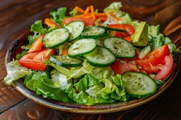 A bowl of fresh green salad with cucumber, tomato, and avocado slices sits on a rustic wooden table