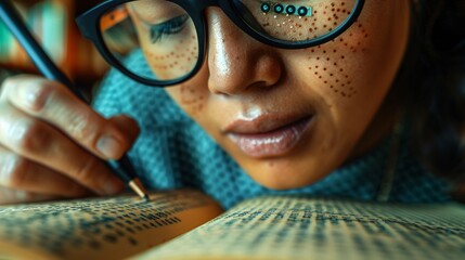 An office scene where a person with a visual impairment is using a guide cane and braille display to navigate their workday Stock Photo with copy space