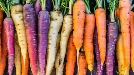 A close-up shot of various vibrant colored carrots, showcasing a mix of purple, orange, white, and yellow hues, freshly harvested from a garden