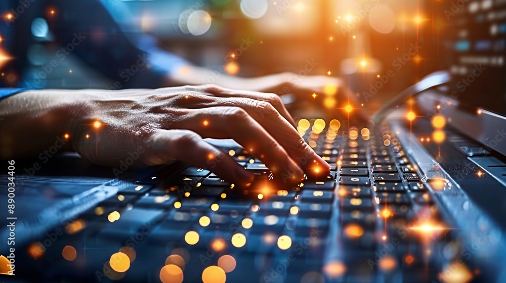 Aufkleber A visually impaired worker using a screen reader and Braille display to navigate their computer and perform tasks Stock Photo with copy space