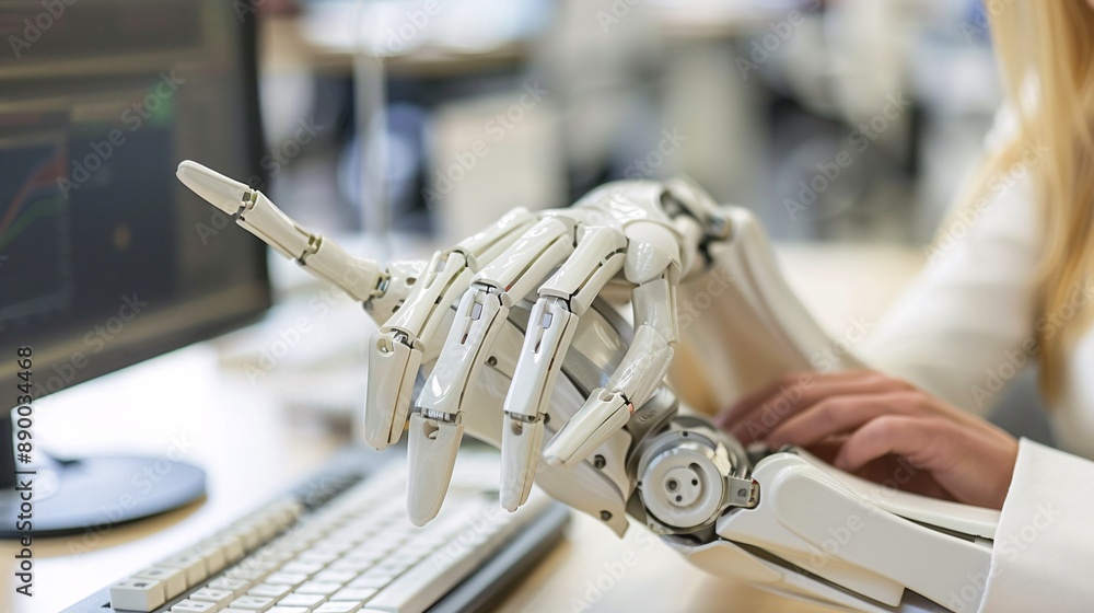 Poster A person with a prosthetic arm typing on a keyboard and working on a computer in an office environment Stock Photo with copy space