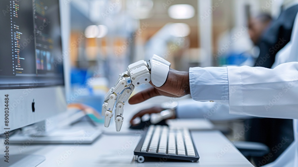 Aufkleber A person with a prosthetic arm typing on a keyboard and working on a computer in an office environment Stock Photo with copy space