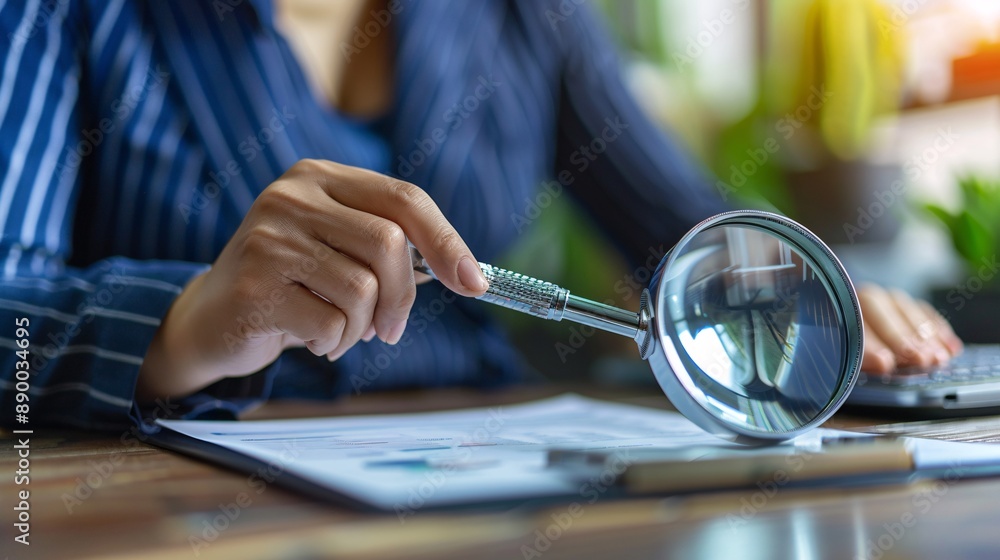 Poster A visually impaired employee using a magnifying device to read documents and perform their job tasks Stock Photo with copy space