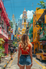 Obraz premium Exploring Vibrant City Streets: Woman in Summer Outfit Walking Towards Colorful Architecture
