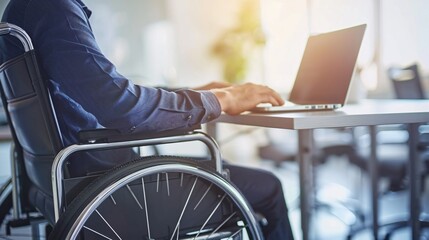 Fototapeta premium A meeting room where a person with a hearing impairment is using a real-time captioning service on a laptop during a presentation Stock Photo with copy space