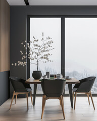 Fototapeta premium Contemporary living room interiors with daylight coming from a large window and a minimal furniture: a dining room table and chairs. Interiors composition in contrasting colors.