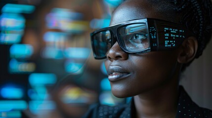 A visually impaired professional using a tactile graphics display to present a project to colleagues Stock Photo with copy space