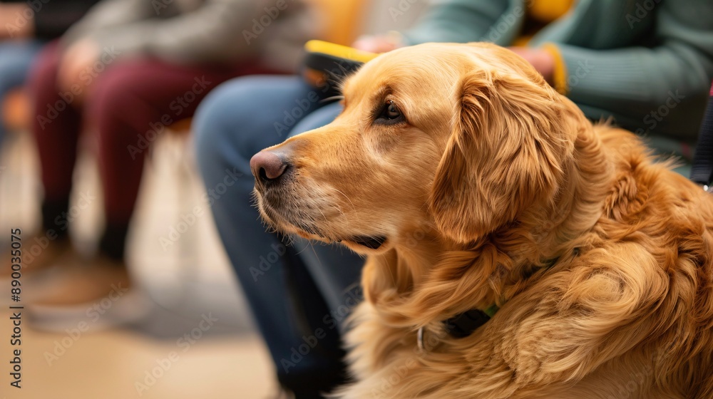 Poster A person with a visual impairment using a guide dog and a Braille note-taking device in an office setting Stock Photo with copy space