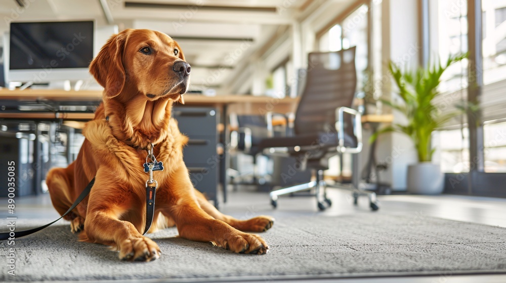 Poster A person with a visual impairment using a guide dog and a Braille note-taking device in an office setting Stock Photo with copy space