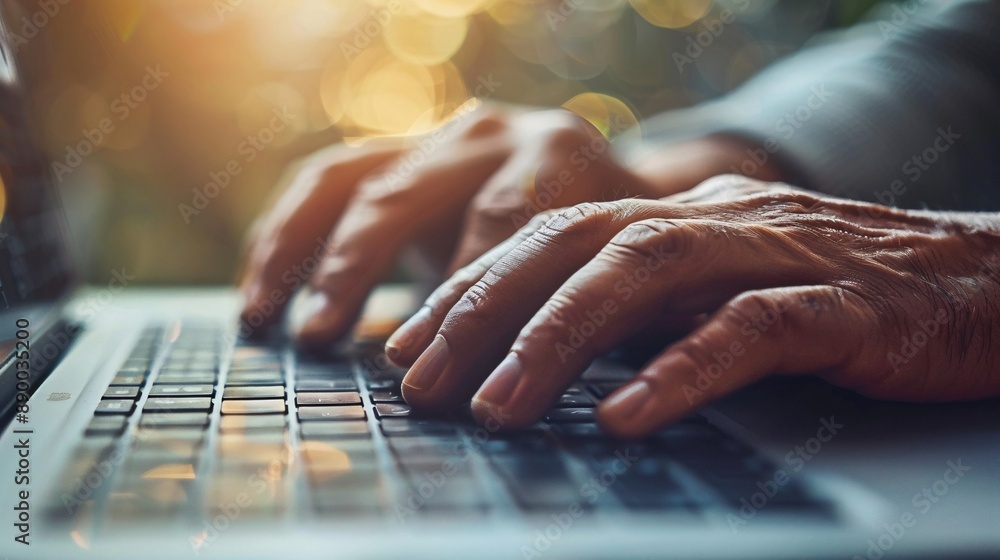 Poster A person with limited hand mobility using speech-to-text software to write a report in an office environment Stock Photo with copy space