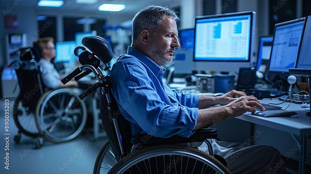 Poster An inclusive workplace where an employee with a disability uses adaptive technology to manage data on a computer Stock Photo with copy space